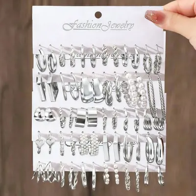 欧美C形金属纹理高级感个性耳圈女复古麻花耳环套装6件套earrings - 8