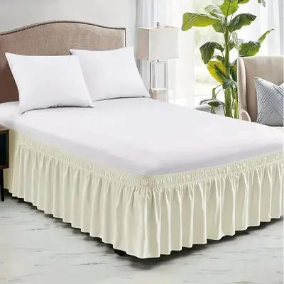Solid Color Elastic Bed Skirt with Built-in Ruffle Design - 8