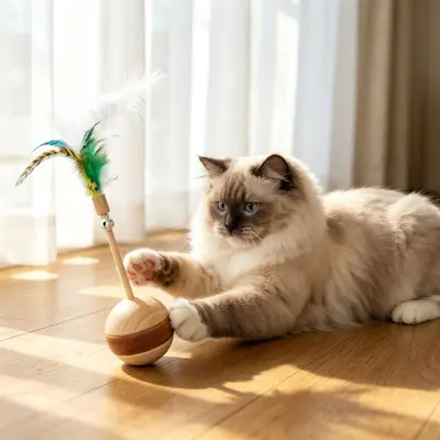 Kedi oyuncağı, tüylü ahşap devrilmez top, kedi neneli - 3