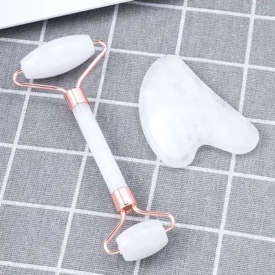 Wholesale natural jade powder crystal cylinder scraping board massage rod face roller jade set universal for full body - 13