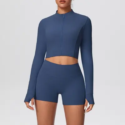 Solid Color Two-Piece Short Jacket Set, Tight-Fit Yoga and Running Wear - 9