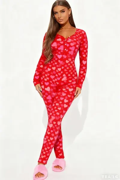 Valentine's Day Printed Jumpsuit with Open Back Button Detail, Sexy Sleepwear - 8