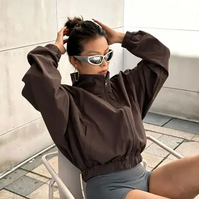 Damen-Sportjacke mit Reißverschluss, kurz, locker, Langarm - 8