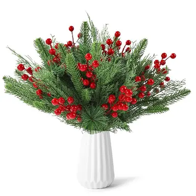 Weihnachts-Kiefernnadel-Dekorset mit roten Beeren und künstlichen Wasserpflanzen