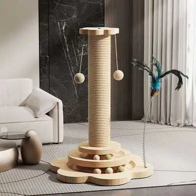 Solid Wood Rotating Cat Toy with Sisal Scratching Post