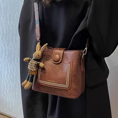 Retro Kadın Çanta Kore Tarzı Tek Omuz Askılı Çapraz Çanta Kova El Çantası - 1