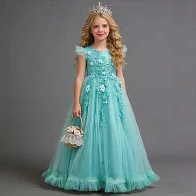 Girls Long Princess Dress, Summer, Medium and Large Children, Performance Wear - 10