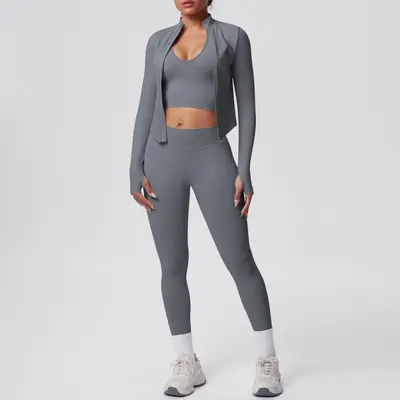 Seamless Solid Color Yoga Set, 3-Piece, Breathable, High Stretch - 13