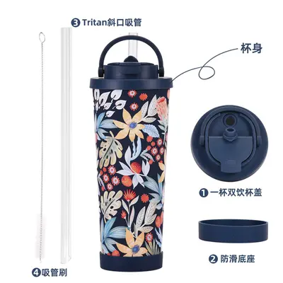 Neue 830-ml-Thermoskanne mit großer Kapazität, praktischer Griff, Einzelbecher, doppelwandiger Trinkbecher, großes Loch, bedruckter Strohhalm-Becher - 4