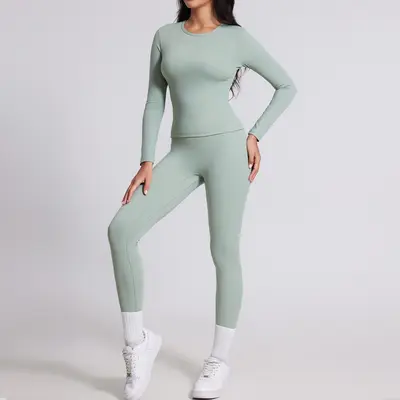 Açık Hava Yoga Takımı, Yuvarlak Yaka Uzun Kollu ve Uzun Pantolon - 8
