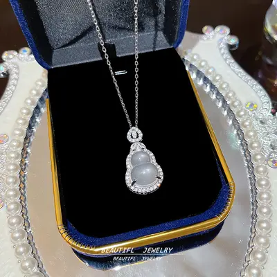 White chalcedony small gourd titanium necklace, Chinese style, collarbone chain - 13