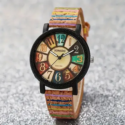 Women's watch, wooden grain leather strap, digital display - 7