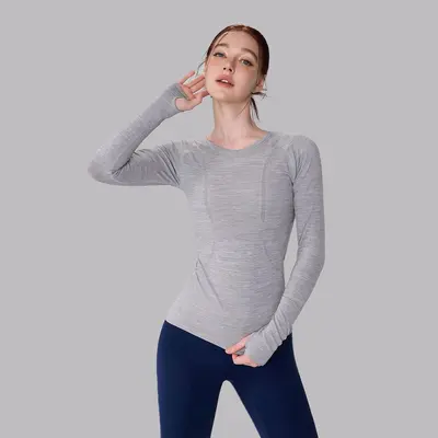 Damen-Yogashirt, nahtlos, Langarm, Rundhals, hohe Elastizität - 7