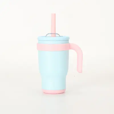 Okula dönüş sezonu kontrast renk 14oz saman araba bardağı çocuk öğrenci termos bardak paslanmaz çelik su bardağı kolu araba bardağı - 12