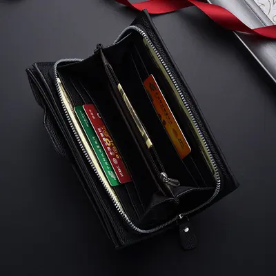 Long Men's Wallet, Soft Leather, Multi-Card Slots, Zipper - 4