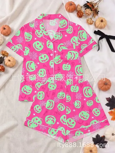 Women's Pajama Set with Pink Dinosaur Print and Button-Up Lapel - 12