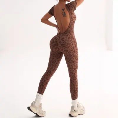 Damen Yoga-Jumpsuit, Leoparden-Muster, Hochbund, freier Rücken