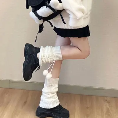 White Fuzzy Leg Warmer Sock Covers for Women, Japanese Style, Autumn Winter