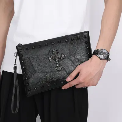 Renk Bloklu Perçinli Erkek El Çantası, Hafif Mini Clutch - 5
