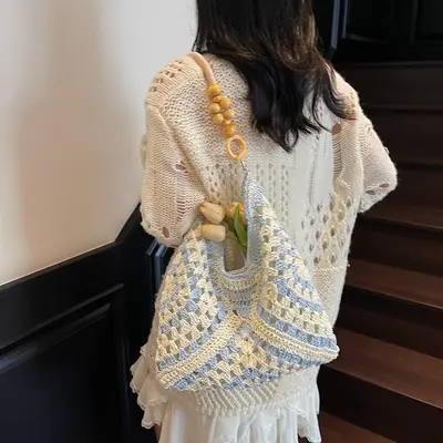 2026 Model Woven Straw Bag with Wooden Beads, Single Shoulder, Large Capacity - 3