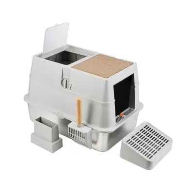 Vollständig geschlossene Katzentoilette mit Vordereinstieg und Deckelöffnung, extra groß, aus Edelstahl, spritzwassergeschützt, Katzenklo, Haustierzubehör