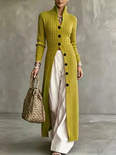 Damen-Strickjacke mit Knöpfen, lang, lässiger langer Mantel - 13