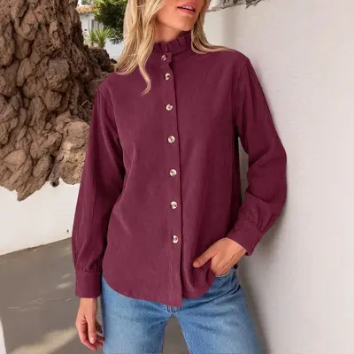 Women's Solid Color Ruffle Collar Corduroy Shirt Jacket
