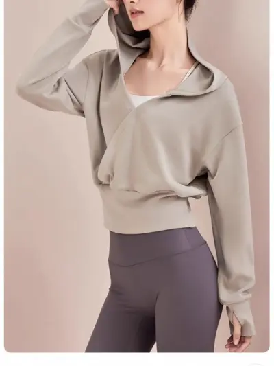 Kadın Yoga Ceketi, V Yaka Slim Fit Kapüşonlu Sweatshirt, Sonbahar ve Kış - 6