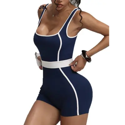 Sınır ötesi Avrupa-Amerika kontrast renkli atlet yoga tulum kadın atlet bel daraltıcı şort fitness dar spor tulum şort