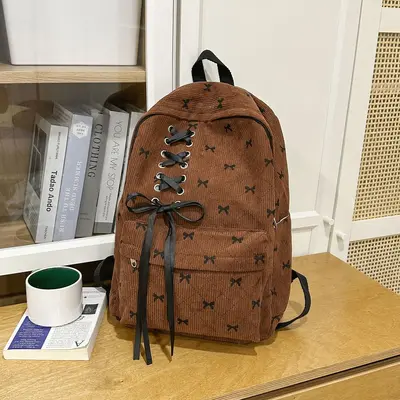Corduroy Bow Backpack for Women and Students - 12