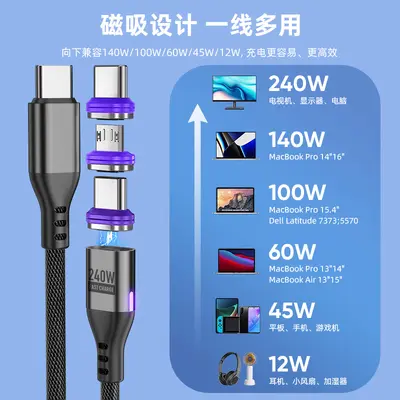 Magnetisches Schnelllade-Datenkabel 240W mit doppelter Typ-C-Schnittstelle PD-Schnellladekabel, kompatibel mit Android-, Apple- und Huawei-Mobiltelefonen - 4