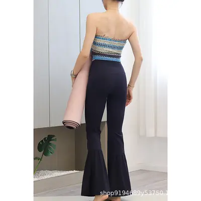 女高腰提臀春夏裸感无痕无尴尬线瑜伽裤阔腿运动健身长喇叭裤 - 7