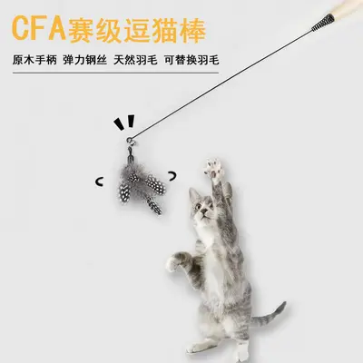 CFA Katzenangel mit Holzgriff, Perlen-Federkopf als Ersatz, bissfest - 3