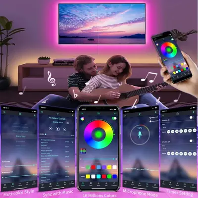 5V RGB LED şerit 5050, Bluetooth APP kontrollü, USB, kendinden yapışkanlı