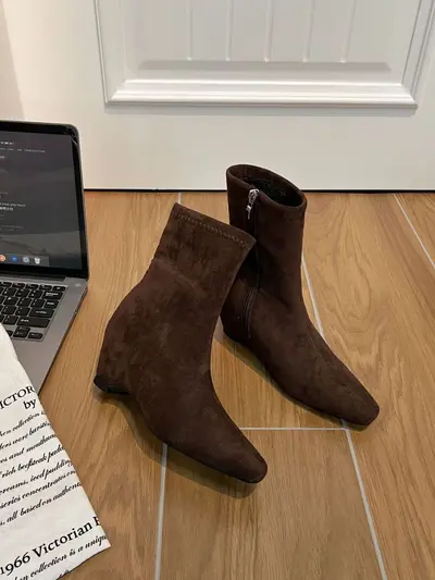 Women's Suede Ankle Boots, Hidden Heel, Square Toe, Stretch Slim Fit - 12
