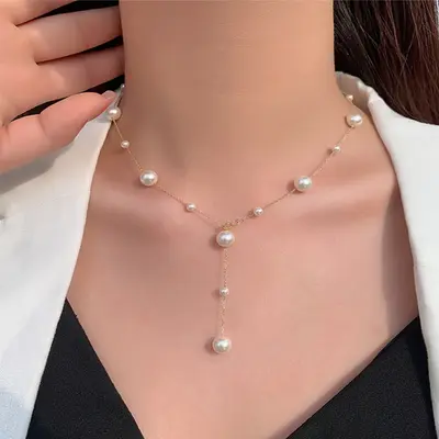 s925纯银满天星珍珠项链女叠戴正圆强光中长款毛衣链颈链一款多戴 - 8