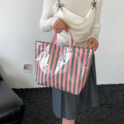 Große Damen-Tote-Bag aus PVC mit Streifen, wasserdicht, tragbar