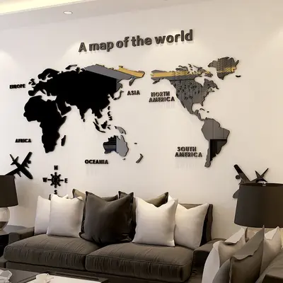 Acrylic 3D Wall Sticker, Living Room TV Background World Map M70