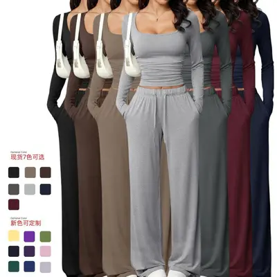 Damen Freizeitset mit eckigem Ausschnitt, Bluse und Hose