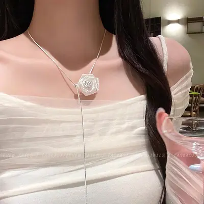Camellia pearl pendant necklace, elegant long women's accessory - 9
