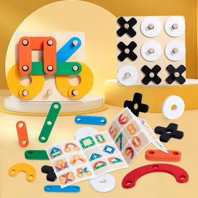 Montessori Wooden Tic-Tac-Toe Puzzle Board, Geometric Shape Assembly Game - 2