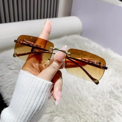 Metal Frameless Square Sunglasses for Driving, Retro Style - 1