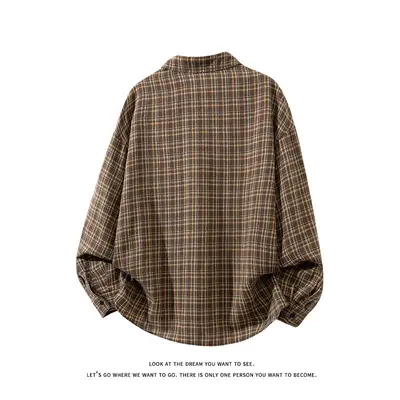 Men's Loose Retro Plaid Long-Sleeve Shirt, Japanese Style, Plus Size