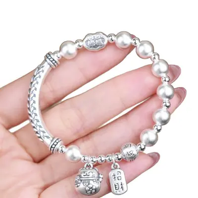 S925 silver lucky cat fortune bracelet, vintage style - 5