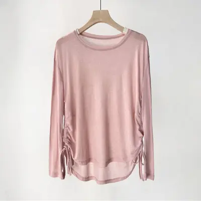 Tencel Ribbed Women's Long-Sleeve Yoga Running Top, Drawstring Loose Fit - 5