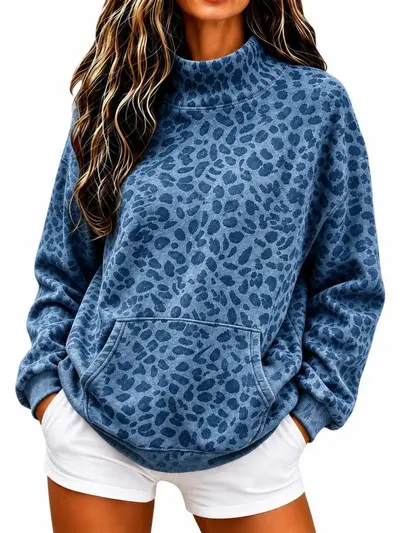 Women's Leopard Print High-Neck Sweatshirt, Loose Fit, Long Sleeve, Autumn Winter