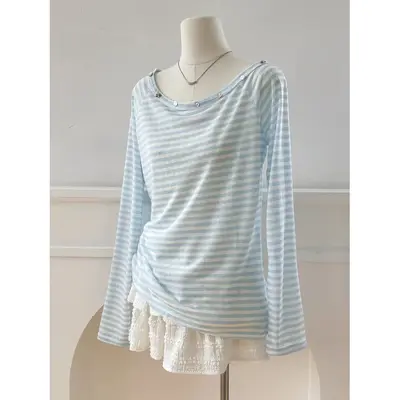 Lyocell Blue Striped Thin Sun Protection Cardigan, Loose Long Sleeve