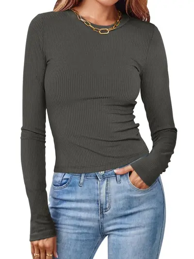Women's Round Neck Long Sleeve Ribbed Solid Color Crop Top T-Shirt - 9