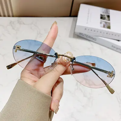 Rhinestone Oval Frameless Sunglasses, Small Frame, UV Protection - 10