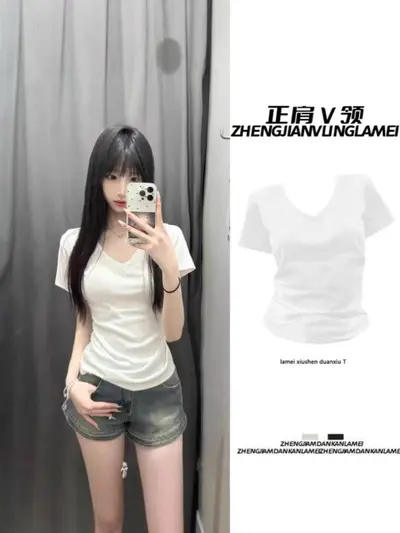 American short-sleeved right shoulder V-neck T-shirt for women in summer, slim fit hot girl style, versatile slimming design, niche ice silk breathable top